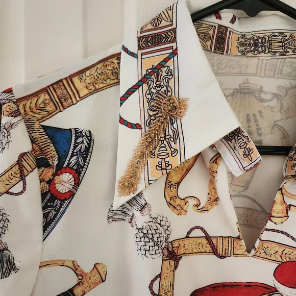 French Grand Uniforme Print Blouse w/ Gold Collar Accents SMALL - Picture 2 of 5